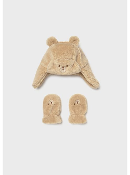 Mayoral, plüss mackós sapka- kesztyű szett, bébi fiúknak.