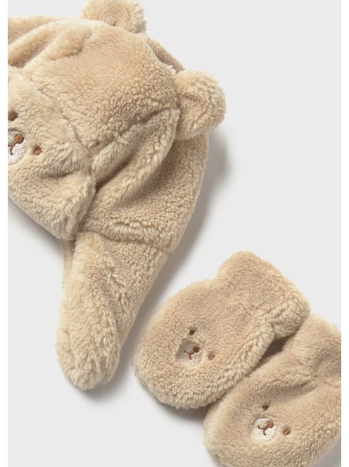 Mayoral, plüss mackós sapka- kesztyű szett, bébi fiúknak.