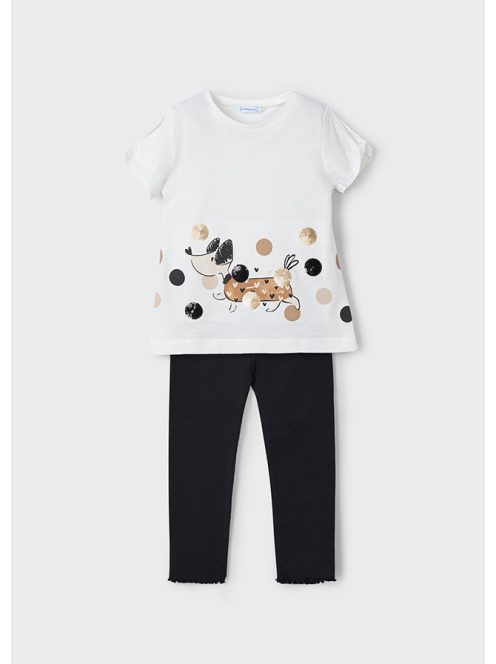 Mayoral, mini szett, bordázott fekete leggings, kutyás pólóval.