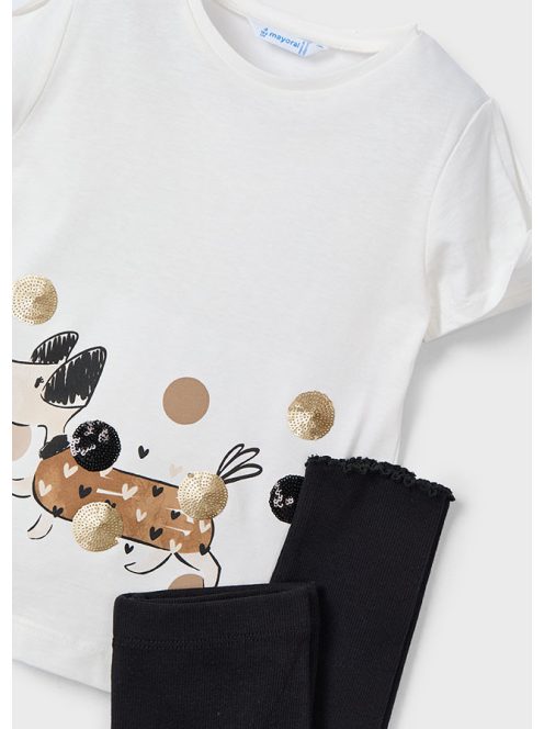 Mayoral, mini szett, bordázott fekete leggings, kutyás pólóval.