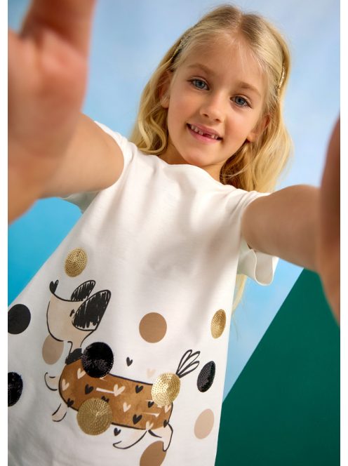 Mayoral, mini szett, bordázott fekete leggings, kutyás pólóval.